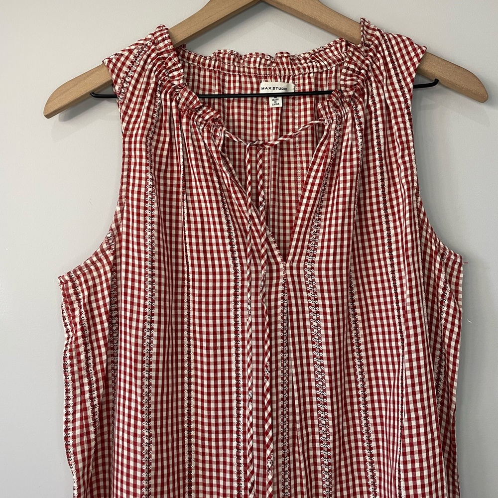 Max Studio Gingham tiered sleeveless red cream midi dress medium - Picture 3 of 12